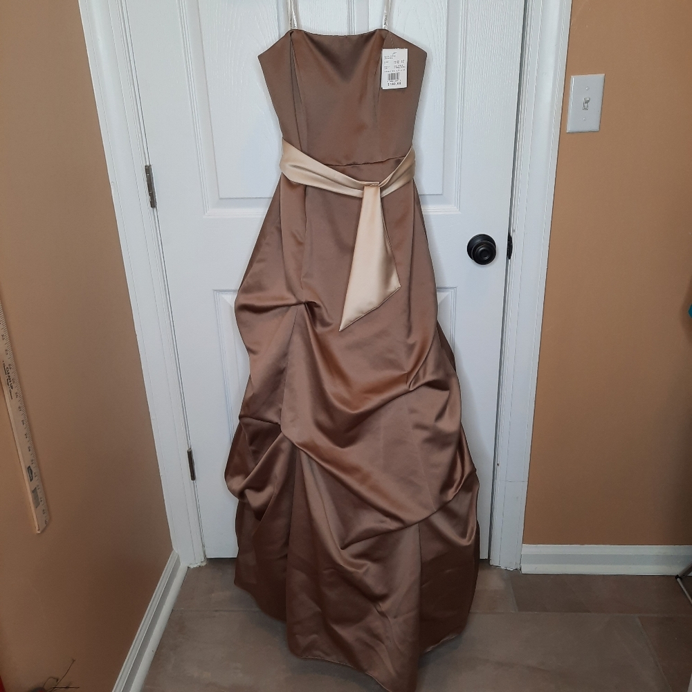 David's Bridal Brown Satin Strapless Prom Dress with Cream Sash